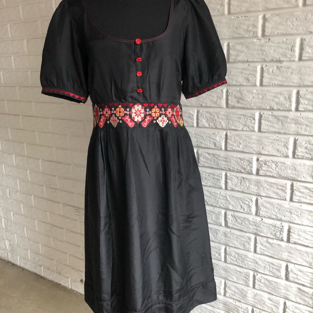 Anthropologie Black Silk Embroidered Dress Viola